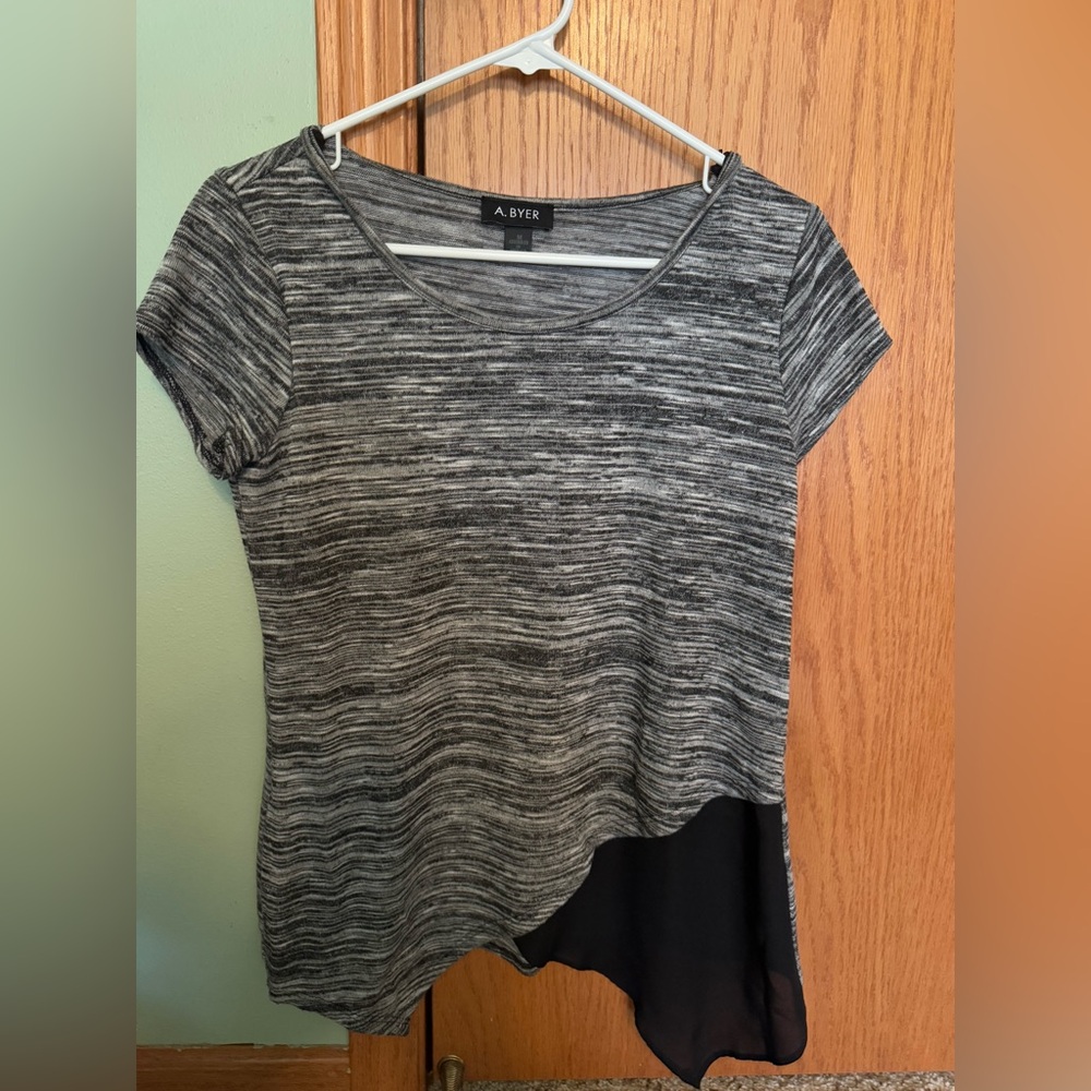 A. Byer size MEDIUM short sleeve b/w striped shirt asymmetric solid black panel